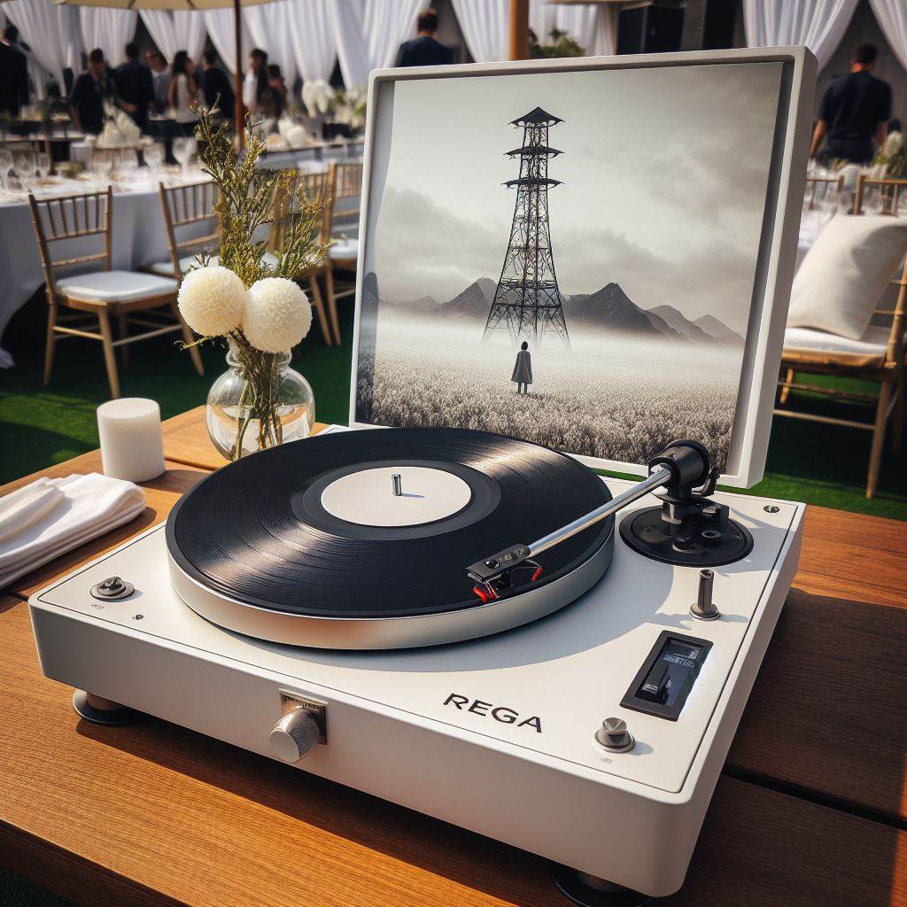 Rega-Planar-1-Turntable.-Matt-White-Finish-at-an-outdoor-party.