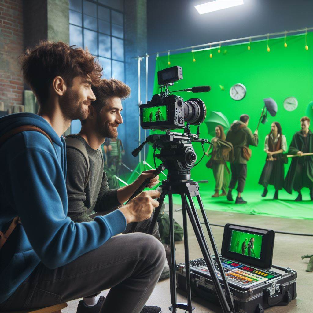  Filmmakers use a portable green screen to shoot