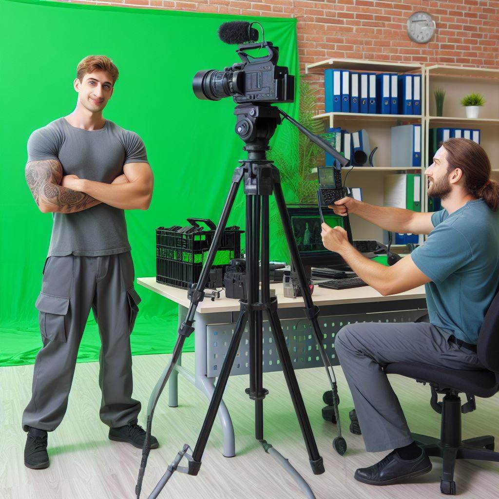 Videographers employ a portable green screen to produce training videos